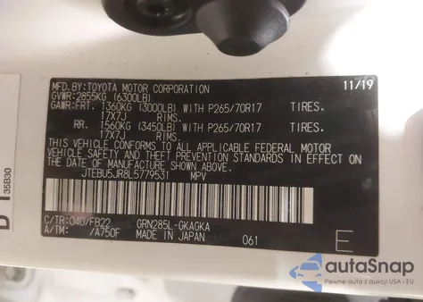 2020 Toyota 4Runner Sr5 z USA, uszkodzony, nr VIN JTEBU5JR8L5779531